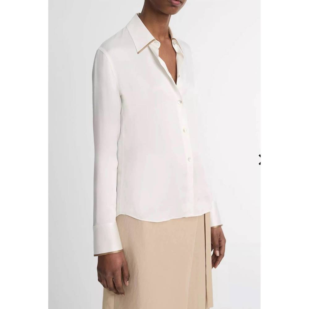 NEW VINCE silk tipped long sleeve blouse in off white / rye - Picture 2 of 4